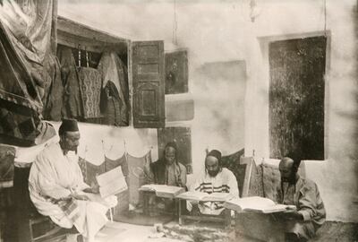Abu Dhabi, UAE - May 18, 2009 - Jews studying the Torah in a synagogue, 1907. Part of Zayed University exhibit of historical photographs. (Nicole Hill / The National)