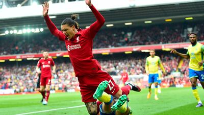 Darwin Nunez of Liverpool in action against Neco Williams of Nottingham Forest. EPA