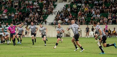 The UAE backline go on the attack against Zimbabwe. Photo: Allison Buckley