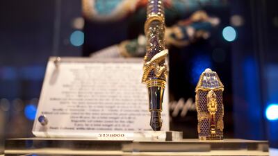 Dubai, United Arab Emirates - January 15 2012 - The world's most expensive pen on display at the World Luxury Expo in Burj Al Arab. It is worth Dh3.1 million. (Razan Alzayani / The National)
