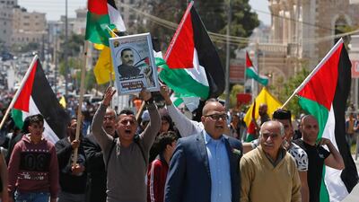 Protesters in Bethlehem showed their support for Palestinians imprisoned in Israeli jails earlier this week. Ahmad Gharabli / AFP / April 17, 2017