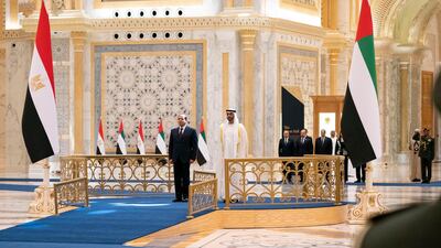 Egypt's President Abdel Fattah El Sisi is given an official welcoming reception at Qasr Al Watan in Abu Dhabi on Thursday before his meeting with Sheikh Mohamed bin Zayed, Crown Prince of Abu Dhabi and Deputy Supreme Commander of the UAE Armed Forces. Courtesy Sheikh Mohamed bin Zayed Twitter