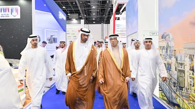 Sheikh Mansour with Dr Al Jaber, who is also Minister of Industry and Advanced Technology and managing director and group chief executive of Adnoc