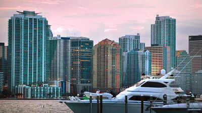 The city skyline in Miami, one of the destinations accessible through Fort Lauderdale-Hollywood International. Joe Raedle / AFP