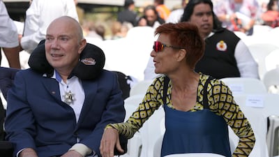 In his first public outing since suffering a stroke, former Christchurch Mayor, Sir Bob Parker, alongside his wife Lady Joanna Nicholls-Parker, attend the national memorial service. Getty Images