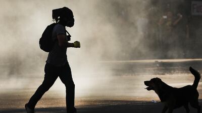 A protester runs near a dog in Santiago, Chile. Getty