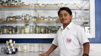 Pritvik Sinhadc in the biology laboratory at the Dubai College in Dubai. Pawan Singh / The National