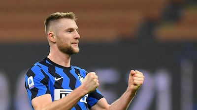 Inter Milan's Milan Skriniar celebrates scoring against Atalanta. Reuters
