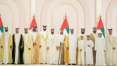 The UAE's Rulers, Crown Princes and officials attend the wedding of Sheikh Hamdan bin Mohammed, Crown Prince of Dubai, Sheikh Maktoum bin Mohammed, Deputy Ruler of Dubai, and Sheikh Ahmed bin Mohammed, Chairman of the Mohammed bin Rashid Al Maktoum Knowledge Foundation, on Thursday at Dubai World Trade Centre. Abdullah Al Junaibi for Ministry of Presidential Affairs