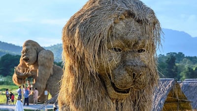 Tourists take photographs of larger-than-life sized figures of animals made of rice straw at an amusement park on the shores of Huay Tueng Thao lake outside Chiang Mai. AFP
