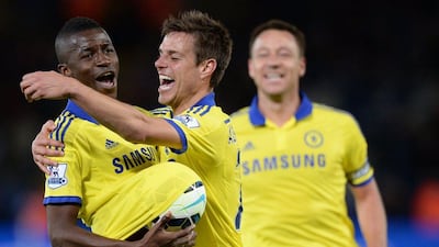 Ramires celebrates scoring Chelsea's third goal against Leicester to move Chelsea one win away from the title. Oli Scarff / AFP