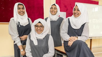 From left: Warisha Shoaib, Rakshan Wazir, Maryum Noor and Zulaikha Muhammad are the global winners of the Your World competition in the 14 to 16 age category. They will go to London as part of their prize, courtesy of the British Council. Antonie Robertson / The National