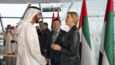 Sheikh Shakhbout bin Nahyan speaks with Princess Charlene of Monaco on the final day of the 2018 Formula 1 Etihad Airways Abu Dhabi Grand Prix. Image: Ryan Carter / Ministry of Presidential Affairs