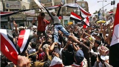 Anti-government protesters at a demonstration demanding the resignation of Yemeni president Ali Abdullah Saleh in Sanaa yesterday.