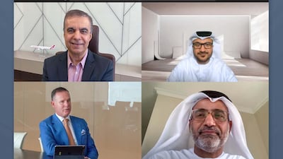 A virtual meeting for the handover of Air Arabia Abu Dhabi's Air Operating Certificate. Clockwise from the bottom right: Saif Al Suwaidi, Director General of GCAA; Tony Douglas, Group Chief Executive Officer of Etihad Aviation Group; Adel Al Ali, Group Chief Executive Officer of Air Arabia; and Ismaeil Mohammed Al Blooshi, Assistant Director General of Aviation Safety Affairs Sector at GCAA. Courtesy Air Arabia.