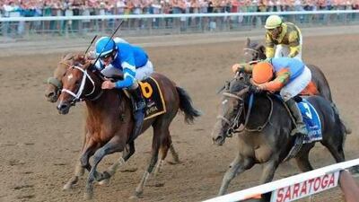 This photo released by the New York Racing Association shows Alpha, left, with Ramon A. Dominguez up and Golden Ticket, right, with David Cohen up finishing in a Dead Heat for The Travers Grade I at Saratoga Race Couse, N.Y Saturday Aug. 25, 2012. (AP Photo/New York Racing Association) *** Local Caption *** Saratoga Race Course.JPEG-08299.jpg