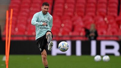Argentina striker Lionel Messi attends a team training session at Wembley. AFP