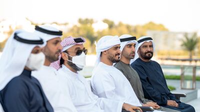 Sheikh Hamdan bin Mohamed (2nd R) and Sheikh Zayed bin Mohamed (3rd R), at the meeting at Al Shati Palace.