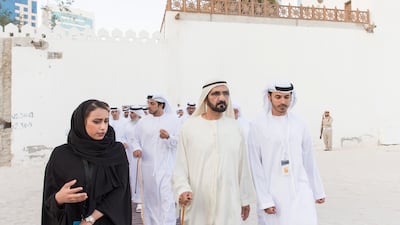 Sheikh Mohamed bin Rashid, Vice President and Ruler of Dubai with Sheikh Mansour bin Zayed, Deputy Prime Minister and Minister of the Presidential Court touring Qasr Al Hosn in 2015. Photo: Crown Prince Court Abu Dhabi