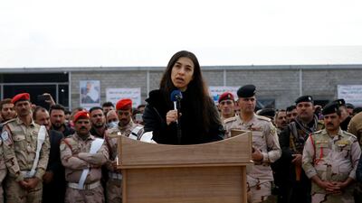 Nobel Peace Prize laureate and Yazidi activist Nadia Murad speaks during the funeral of people from the minority Yazidi sect who were killed by ISIS. Reuters