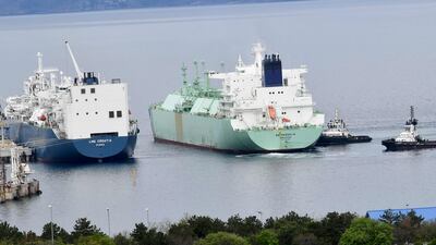 A ship carrying liquefied gas, right, in Croatia. Global natural gas demand is set to be flat this year. AFP