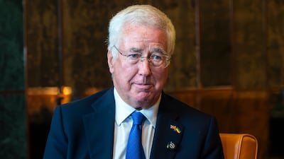 Sir Michael Fallon, former UK Secretary of State for Defence, speaks to Manus Cranny of The National during an interview at Waldorf Astoria, DIFC in Dubai. Ahmed Ramzan / The National