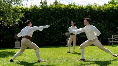From left, Luke Newton as Colin Bridgerton, Luke Thompson as Benedict Bridgerton and Jonathan Bailey as Anthony Bridgerton.