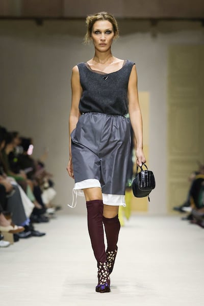 Bella Hadid appeared in four different looks on the Prada autumn-winter 2026 runway. Photo: Prada