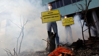 Greenpeace activists stage a protest against deforestation of the Amazon rainforest, in Vienna, Austria, May 5. Reuters