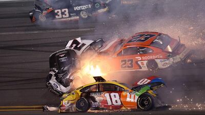 (Kyle Busch (No 18), Brad Keselowski(No 2), Bubba Wallace (No 23) and Austin Cindric, (No 33) during the crash. AFP