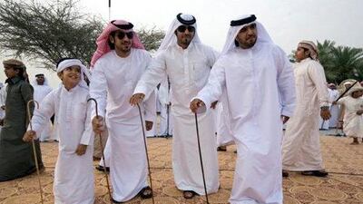 Men perform a traditional Arabic dance called the Razif at a wedding celebration of members of the Shehhi tribe in the village of Al Mahboobi in Al Rams near Ras Al Khaimah on April 17, 2009. Jeff Topping / The National