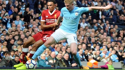Kevin De Bruyne, right, was instrumental in Manchester City's 5-0 Premier League victory over Liverpool on Saturday. Rui Vieira / AP Photo