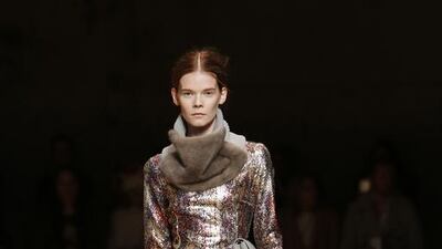 Engineered Reptile Print Dress, 2015, by Sally LaPointe. Polyester-net embroidered with mylar sequins and digitally printed, silk satin underdress. Courtesy Sally LaPointe / Courtesy Museum of Fine Arts, Boston.