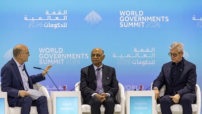 From left, Mike Allen, co-founder of American news company Axios, Arvind Krishna, chairman, president and chief executive of IBM, and Borje Ekholm, president and chief executive of Ericsson, on the first day of the World Governments Summit. Antonie Robertson / The National