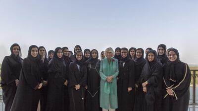 Camilla met a group of prominent UAE women at a Women’s Empowerment Lunch, where she was greeted by Dr Noura Al Kaabi, Minister of State for Federal National Council Affairs. The duchess met senior government officials, business leaders and Armed Forces officers during the event. With Camilla are Dr Noura Al Kaabi, front row fourth right, Najla Al Awar, Minister of Community Development, front row sixth right, Dr Maha Tayseer Barakat, Director General of the Health Authority – Abu Dhabi (Haad), back row second left, among others. Sharina Lootah / Crown Prince Court - Abu Dhabi