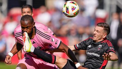 Inter Miami striker Shanyder Borgelin gets a boot to the face from DC United wing back Pedro Santos. AP