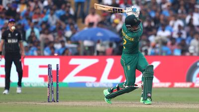 Rassie van der Dussen of South Africa bowled out by New Zealand's Tim Southee. Getty Images