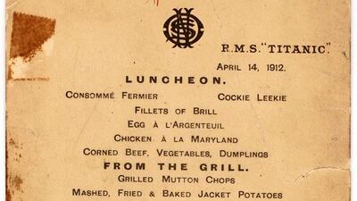 The Titanic’s last lunch menu, which is going to auction and is estimated to bring $50,000 to $70,000. Lion Heart Autographs via AP