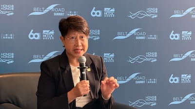 Sophia Chong, executive director of the Hong Kong Trade Development Council, at the Belt and Road Summit in Hong Kong. Alvin R Cabral / The National