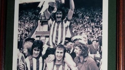 Montage showing captain Bobby Kerr on the shoulders of winger Dennis Tueart, flanked by striker Billy Hughes and goalkeeper Jimmy Montgomery, plus programme, ticket and team photograph. Private collection of Colin Randall