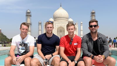 Jos Buttler, David Willey, Joe Root and Liam Plunkett of England pose for a portrait during a visit to the Taj Mahal on March 24, 2016. Getty Images