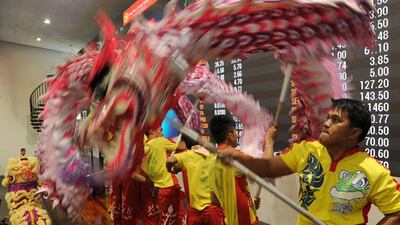 Dragon and lion dancers perform at the trading floor of the Philippine Stock Exchange. Jay Directo / AFP
