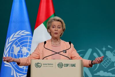 Ursula von der Leyen, President of the European Commission, reminded delegates at Cop28 of the need to turn the tide on fossil fuels. AFP