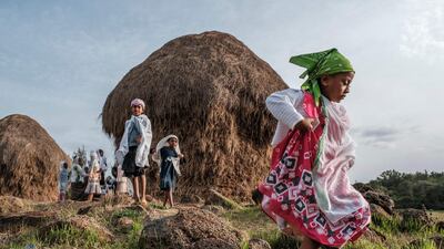 Ethiopian Orthodox children play near a church in Bahir Dar, northern Ethiopia. AFP