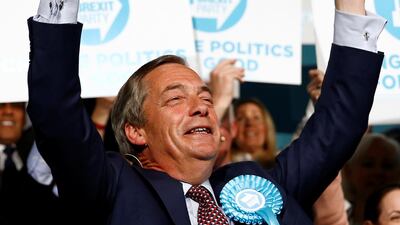 Brexit Party leader Nigel Farage holds up a placard at a campaign rally in London. REUTERS
