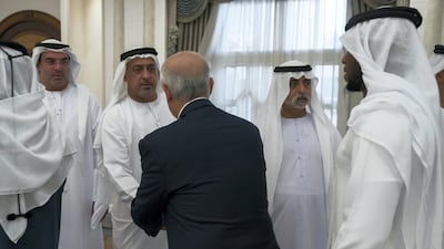 (back R-L) Sheikh Nahyan bin Mubarak, Minister of State for Tolerance, Dr Sheikh Sultan bin Khalifa, Advisor to the UAE President and Sheikh Mohammed bin Khalifa, Abu Dhabi Executive Council Member, receive mourners who are offering condolences on the death of Sheikha Hessa. Omar Al Askar for Crown Prince Court - Abu Dhabi