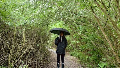 Kate Hazell walking in the rain in the UK, where she's been stuck during the coronavirus pandemic. Courtesy Kate Hazell