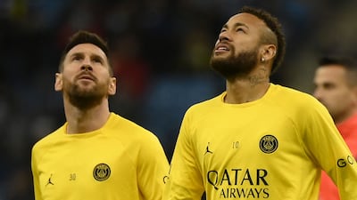 Paris Saint-Germain forwards Lionel Messi and Neymar ahead of the match. AFP