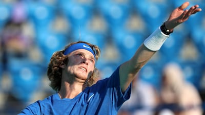Andrey Rublev serves during the fifth place play-off against Hyeon Chung.