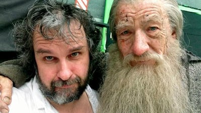 Sir Ian Murray McKellen and Peter Jackson on the final day of filming The Hobbit trilogy